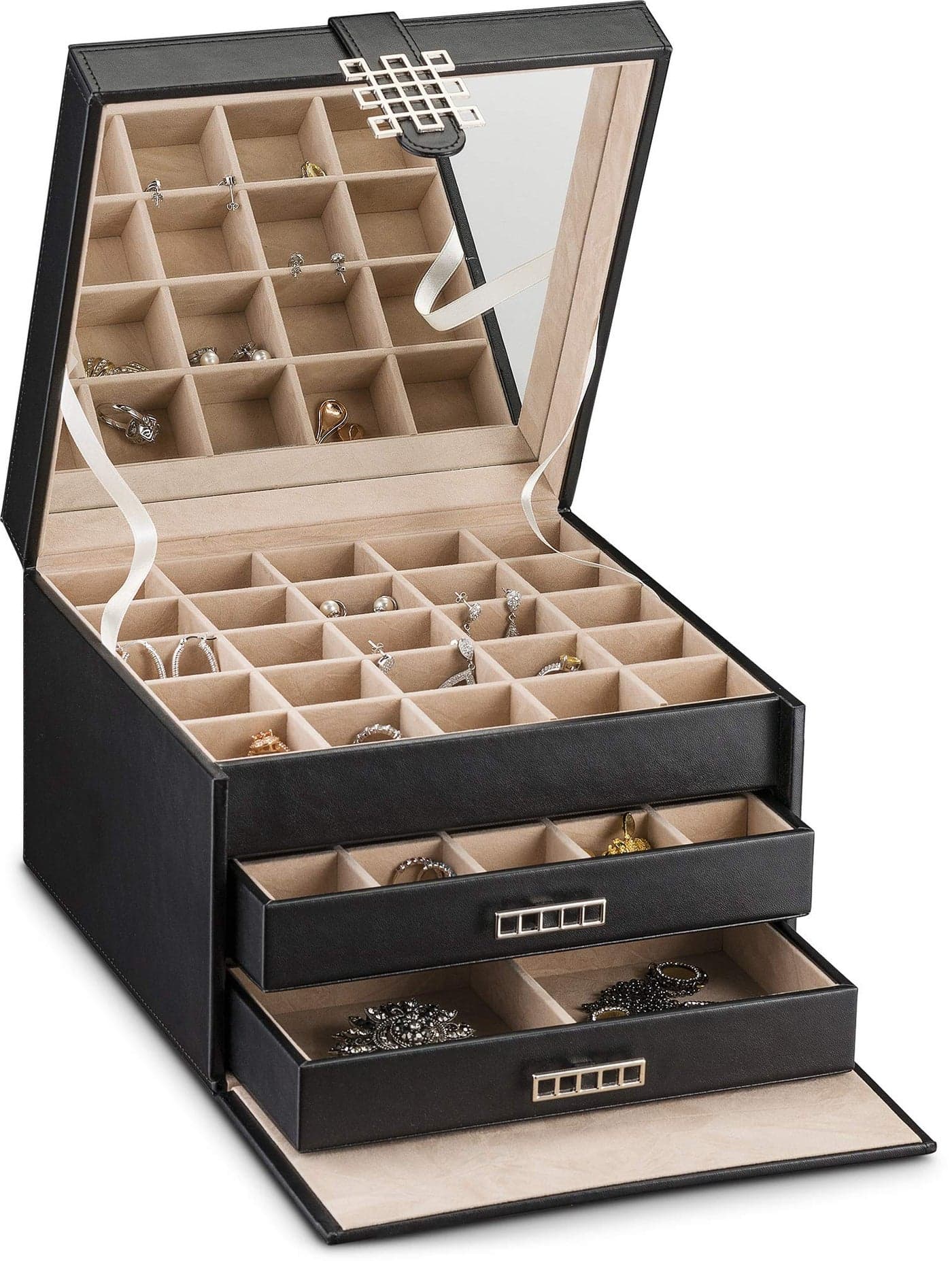 Glenor Co Earring Organizer Holder 50 Small 4 Large Slots Classic Jewelry box with Drawer Modern Closure Mirror 3 Trays for Earrings Ring or Chain Storage PU Leather Case Black