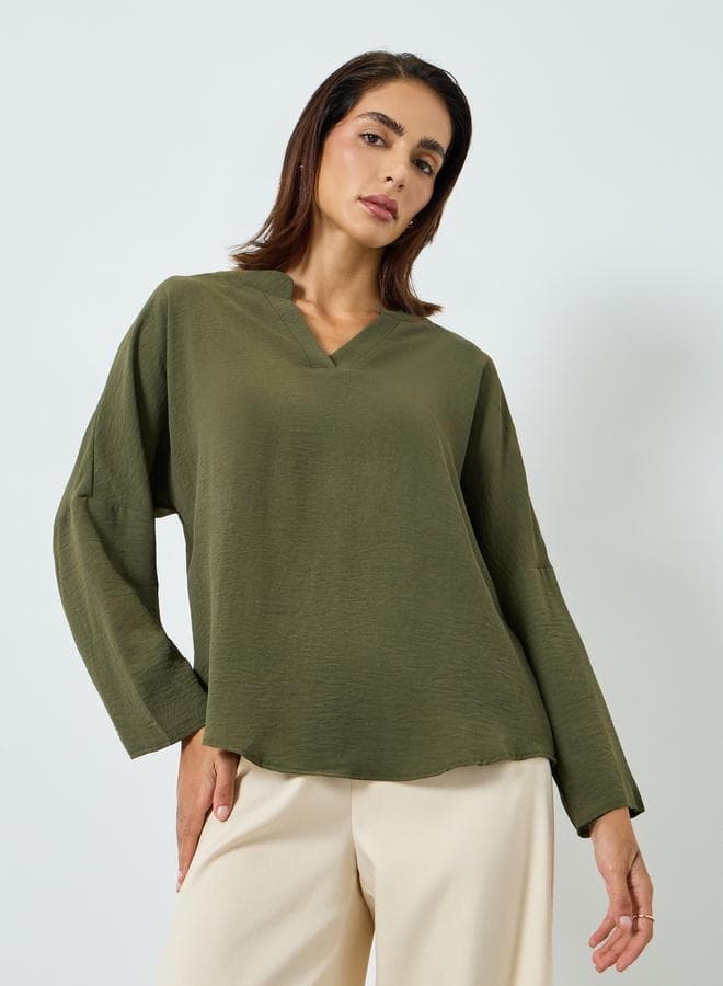 Women Solid V Neck Long Sleeve Top