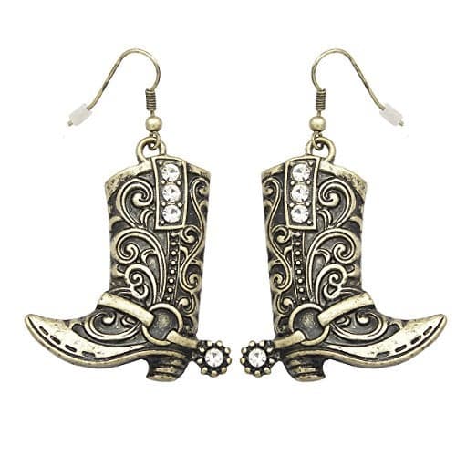 RechicGu Vintage Golden Color Western West Cowgirl Texas Boots Spur Dangle Drop Earrings Rodeo Boho Fancy Dress Costume