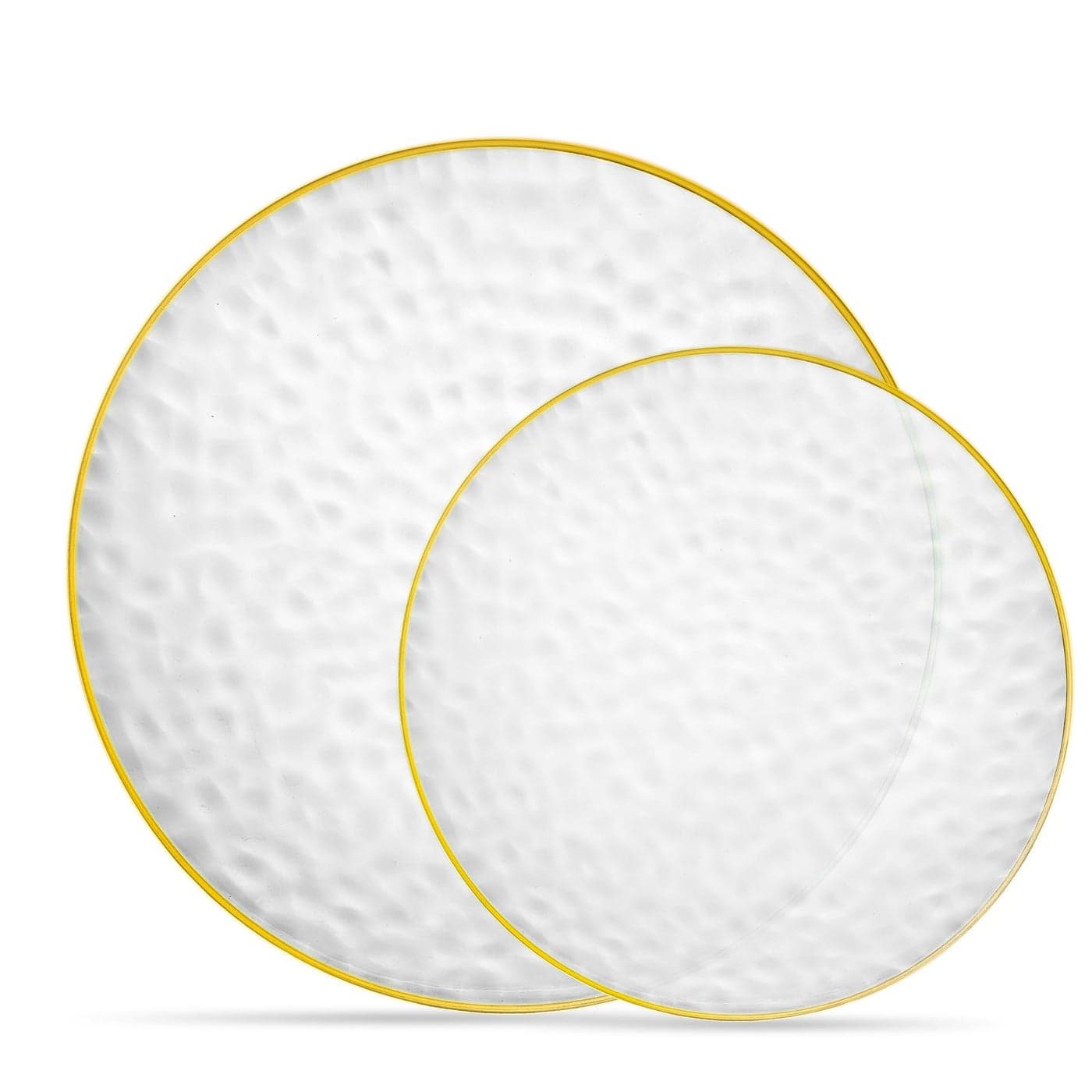 PLASTICPRO 64 Piece Combo Plates Set includes 32 7 inch Plates 32 9 inch Plates Clear Plastic Organic Hammered Design Party Plates With Gold Rim Premium heavyweight Elegant Dishes