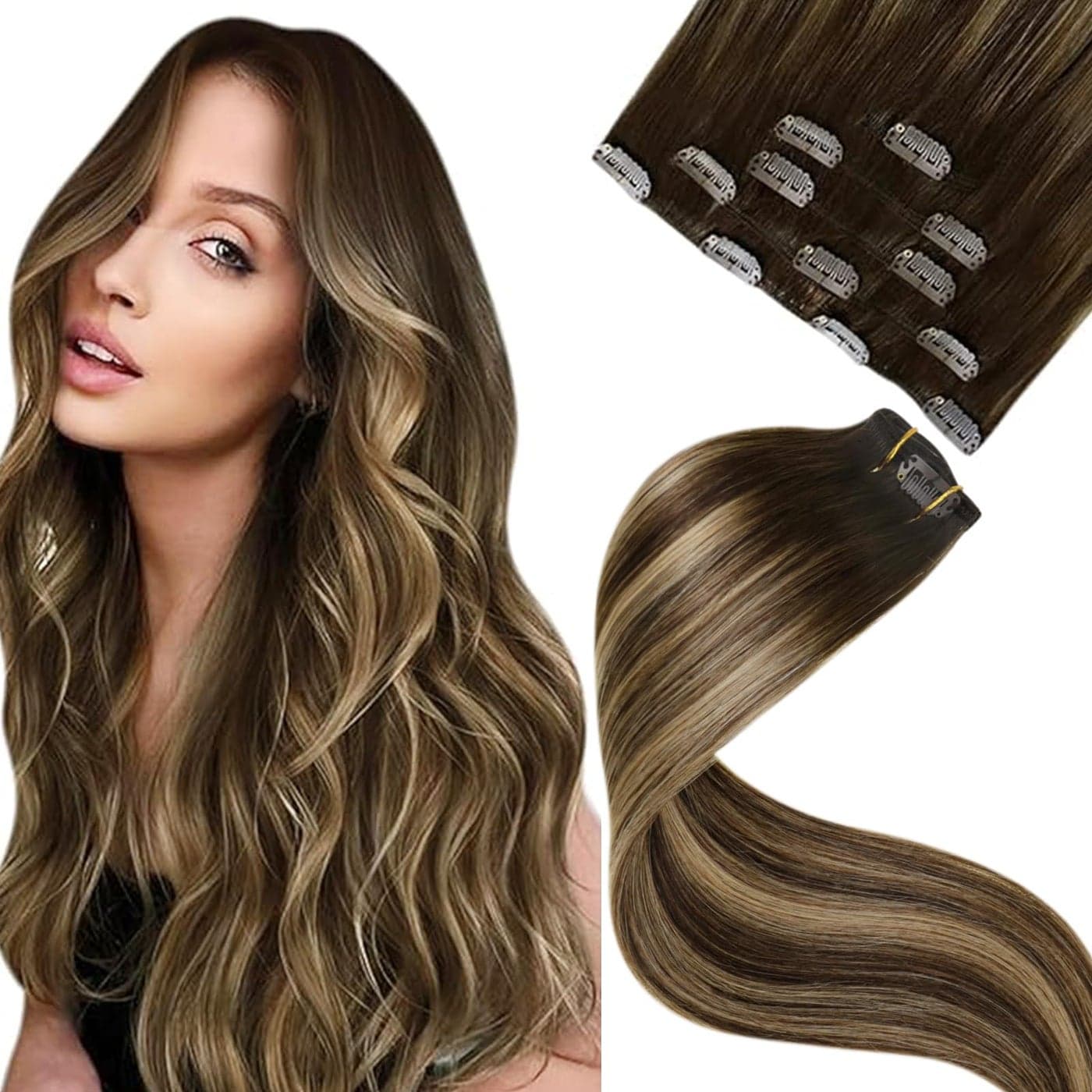 LaaVoo Clip in Hair Extensions Balayage Brown to Caramel Blonde Hair Extensions Clip ins Brown Balayage Human Hair Clip in Extensions Silky Straight 14 Inch 80g5pcs