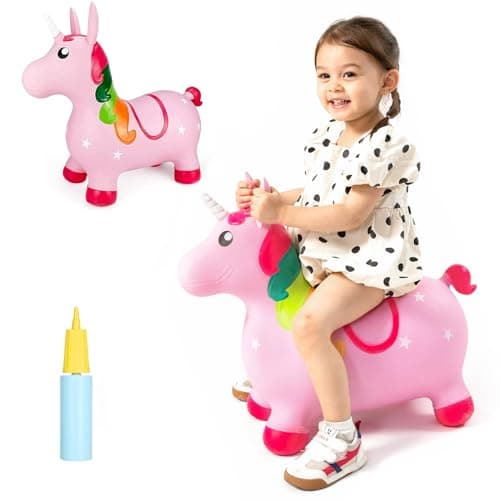 INPANY Unicorn Bouncy Horse Hopper Toys, Toddler Girl Inflatable Animal Hopping Horse, Bouncing Buddies, Ride on Rubber Bouncer, Indoor Outdoor Baby Birthday Gifts for 2 3 4 Year Old Girls Boys