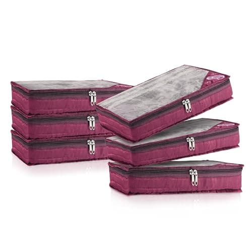 Kuber Industries Satin Saree Cover,Clothes Storage Bag,Suit Packing Cover,Cloth Stoarge Organizer,Wardrobe Cloth Storage Organiser with Zip,Side Embroidery-Design,3 Inch,Pack of 6,Purple