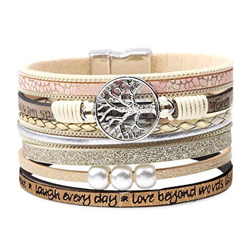 Desimtion Inspirational Gifts, Tree of Life Leather Bracelets for Women, Trendy Stuff for Teen Girls, Mothers Day Birthday Gifts for Women Girls Mom - Bohemian Jewelry Beige