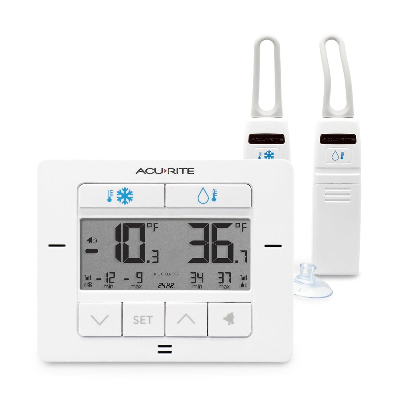 AcuRite Matte White Digital Wireless Fridge and Freezer Thermometer for Home and Restaurants with Alarm and HighLow Temperature Records 00523M