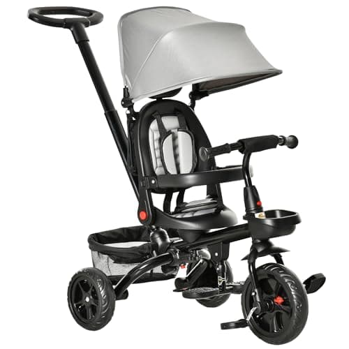 Qaba Kids Tricycle 4 in 1 Foldable Trike with Reversible Seat Adjustable Parent Handle Safety Harness Wheel Brakes Removable Canopy Storage Tricycle for Toddlers 15 Years Gray