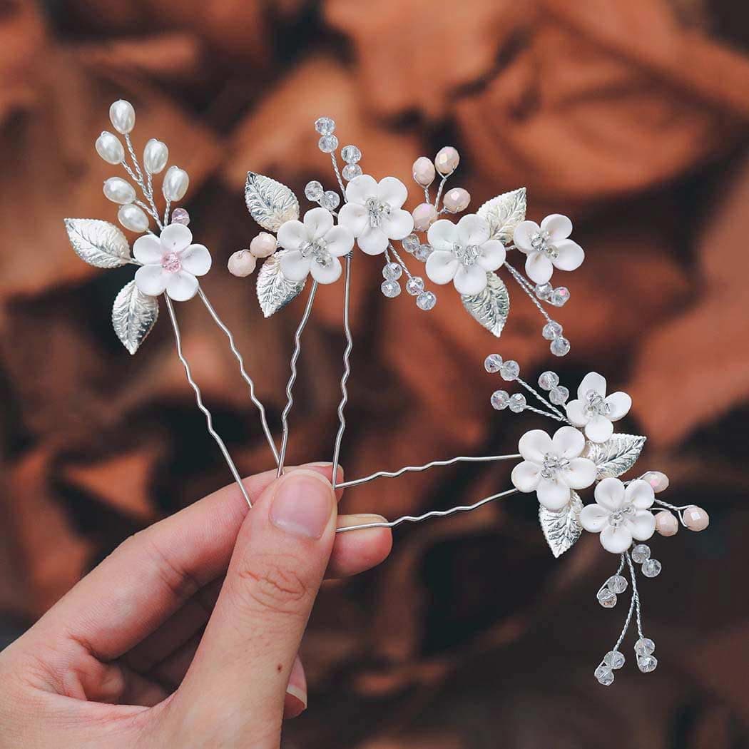 Casdre Flower Bridal Hair Pins Pearl Bride Wedding Hair Accessories Rhinestone Hair Piece for Women and GirlsPack of 3 A Silver
