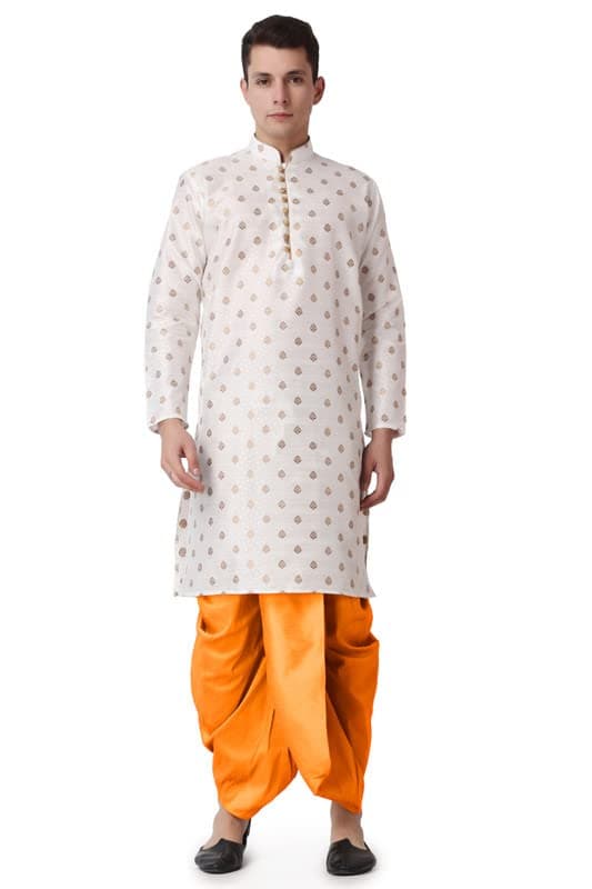 Royal Kurta Men's Jacquard Silk Printed Cream Kurta Mustard Dhoti Set Size 38