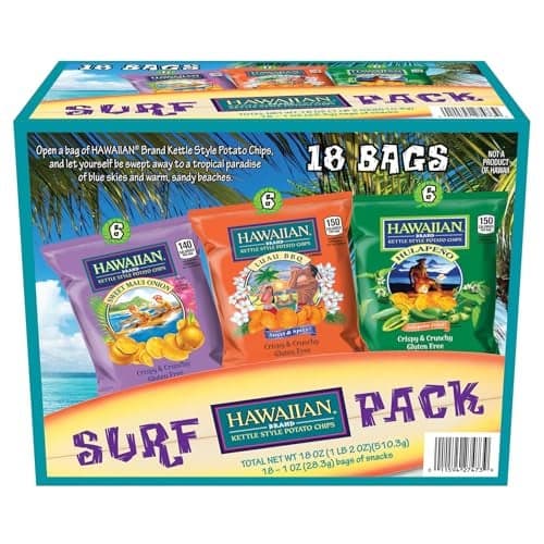 Hawaiian Brand Kettle Style Potato Chips Surf Pack, 18 Single-Serve Bags (1 oz Each) – Includes Sweet Maui Onion, Luau BBQ, and Hulapeño Flavors – Crispy & Crunchy, Gluten-Free Variety Snack Pack