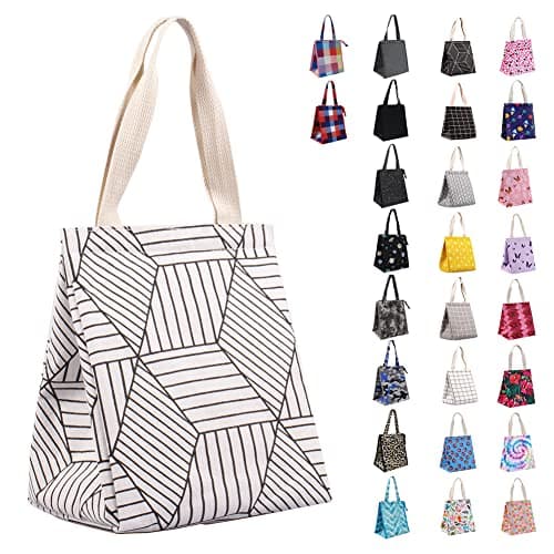 iknoe Insulated Lunch Bag for Women 9L Sturdy WideOpen Foldable Portable Lunch Tote with Interior Pockets Waterresistant Thermal Lunch Cooler for Adults Picnic Beach White Rhombus