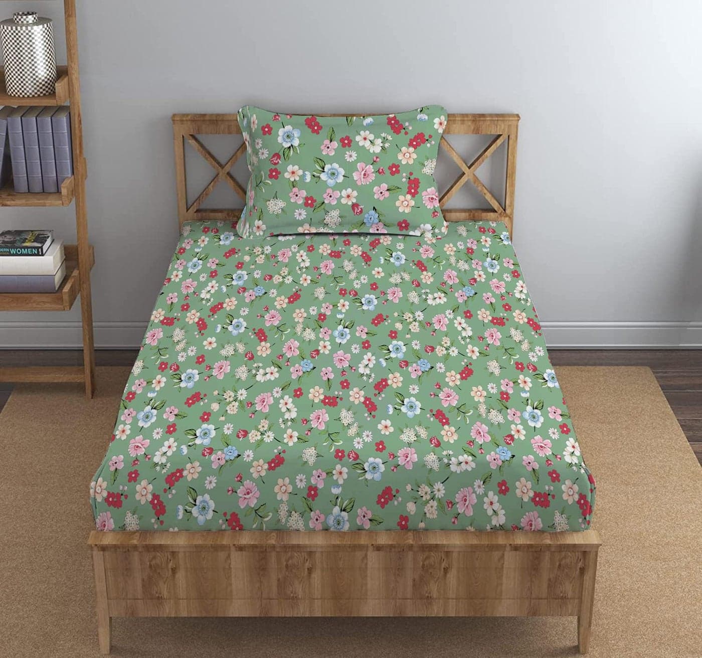 DECOMIZER Microfiber Soft Cotton Single Bed Bedsheet for Diwan Bed, Size 60 Inches X 90 Inches, 152 X 230 cm with 1 Large Size Pillow Covers Without Joint - Small Red Flower