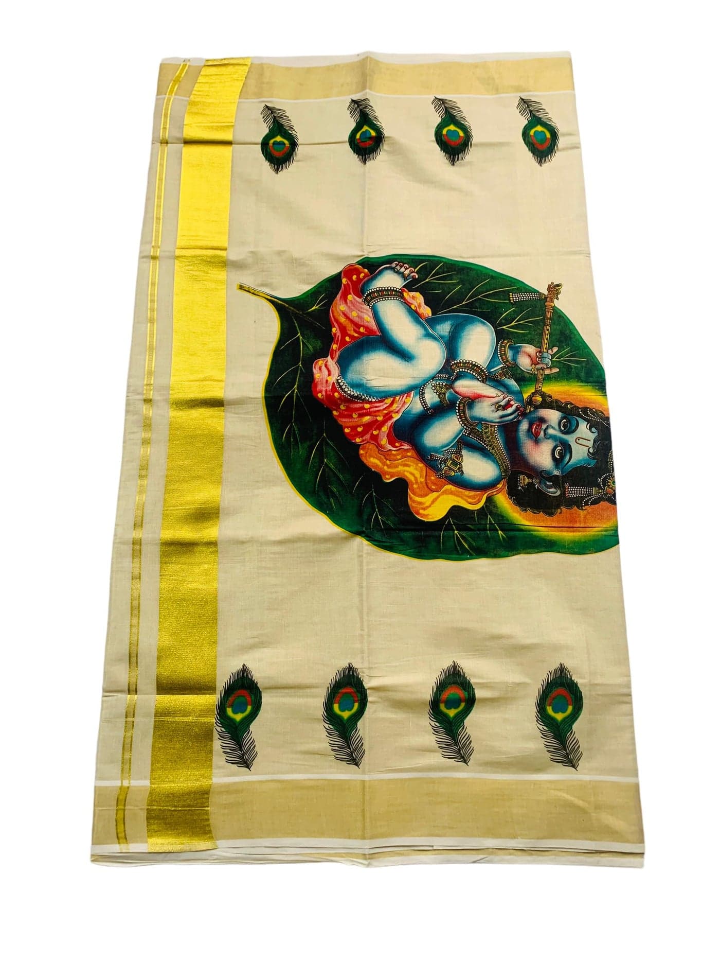 ALLUVY Kuthampully Kerala Kasavu Multicolor KTM-714 - Traditional South Indian Tissue Mural Painted Onam Saree
