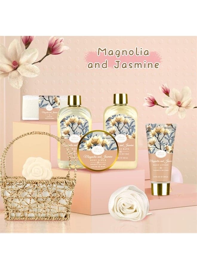 Home Spa Gift Basket, Bath Spa Kit for Women, with Body Lotion, Shower Gel, Bubble Bath, Body Scrub, Bath Salt, Bath Bomb, Bath Gift Set for Mother, Wife Her, with Magnolia and Jasmine Scent