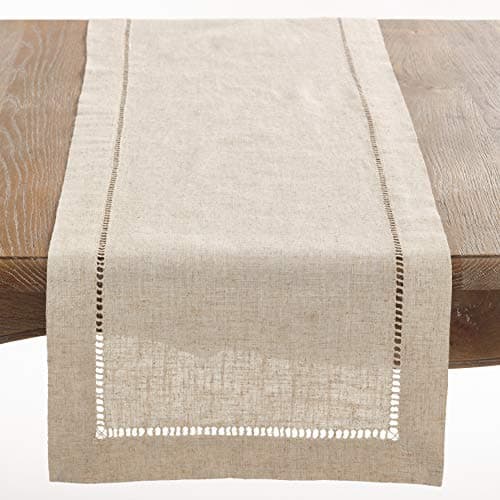 Saro Lifestyle Poly and Linen Blend Hemstitched Table Runner with Hemstitch Border, 16"x90", Natural
