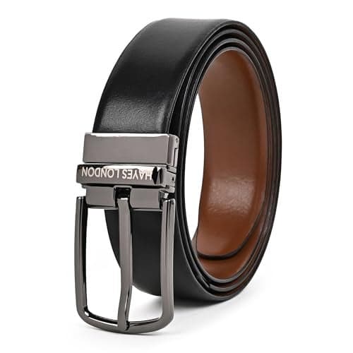 HAYES LONDON Belts for Men Leather Original, Reversible Black & Brown Formal & Casual Italian Leather Belt with Solid Metal Curved Buckle(36, Plain-Grey)