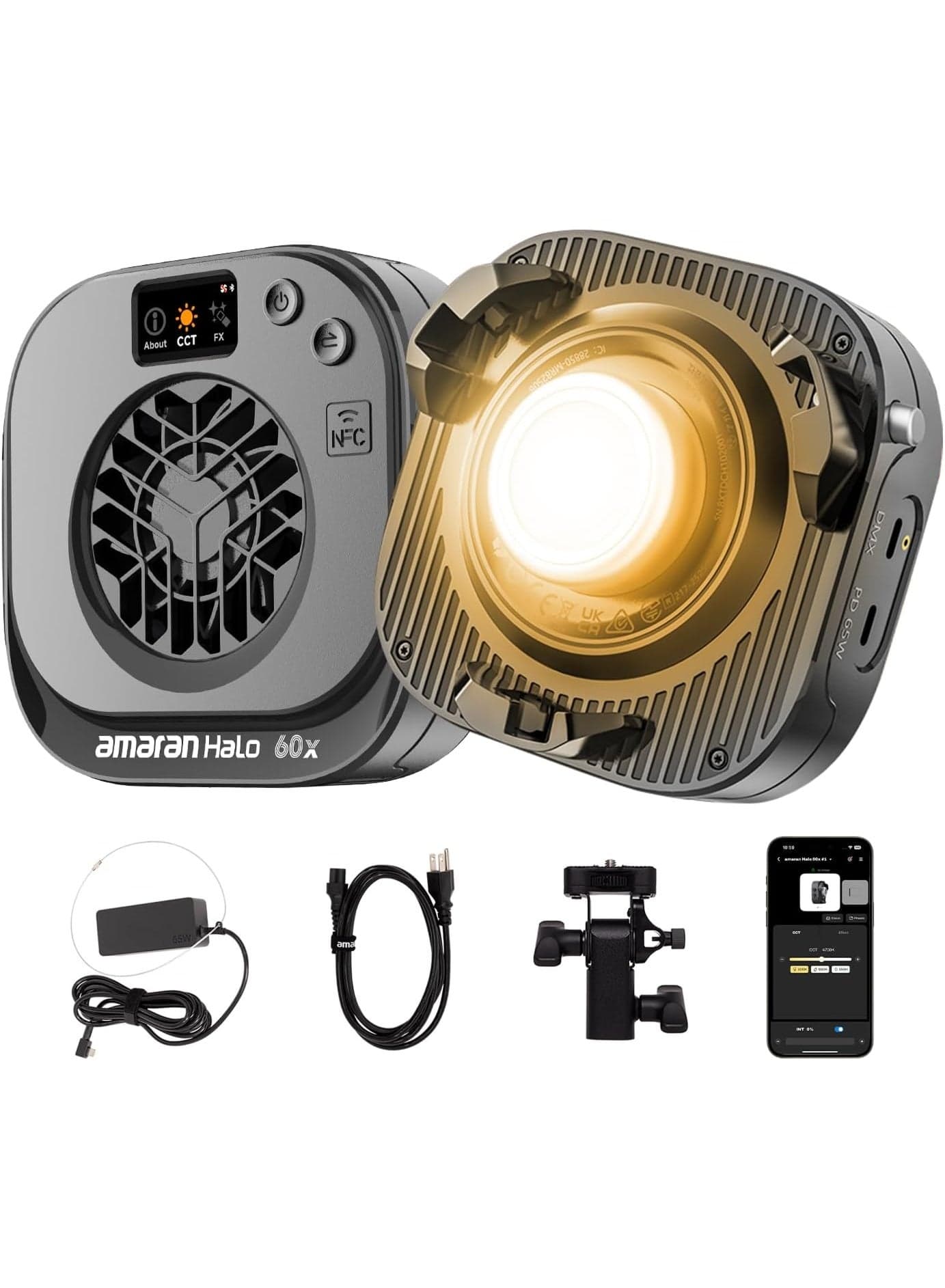 Aputure Amaran Halo 60X Bi-Color LED Monolight – 63W Ultra-Compact COB Light, 3270 Lux @ 1m, 2700-6500K CCT, CRI 96+ TLCI 97+, 85° Beam, NFC App Control, USB-C PD, DMX Compatible, Bowens Mount