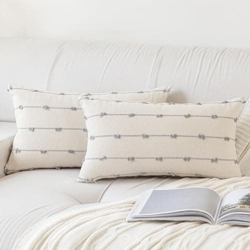 YEENAASY Boho Throw Pillow Covers 12x20 Set of 2 Modern Farmhouse Decorative Cushion Case Tufted Linen Square Pillows Cover Neutral Pillow Cases Accent Pillowcase for Sofa,Couch,Bed,Beige and Grey