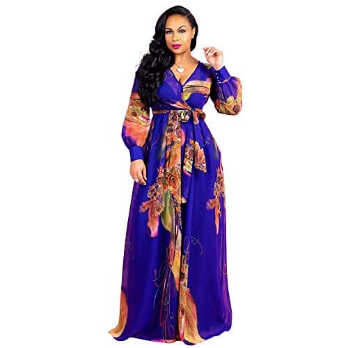 Nuofengkudu Womens Chiffon V-Neck Printed Floral Maxi Dress Long Sleeves Dresses High Waisted Belt Plus Size (Deepblue) XXL