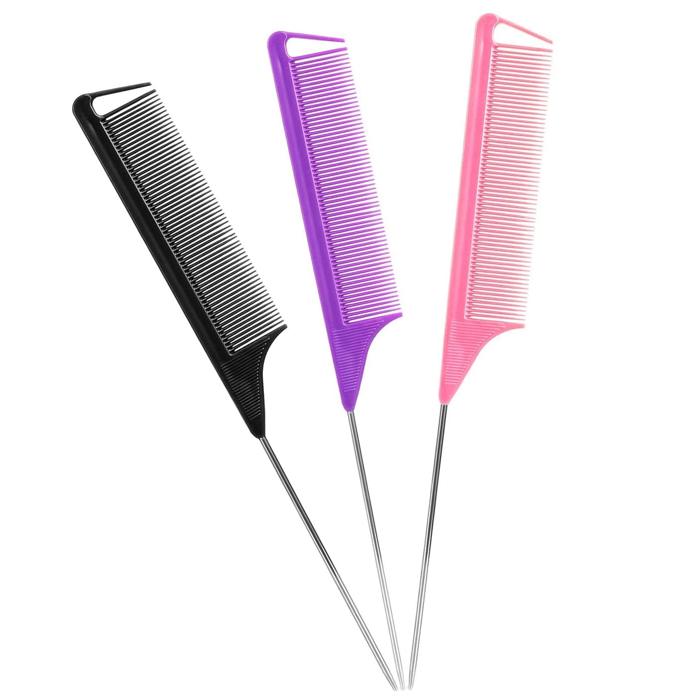 Rat Tail Combs Set 3Pcs Long Steel Pin Teasing Combs for Salon Hair Stylists Metal Parting Combs for Women Purple Black Pink