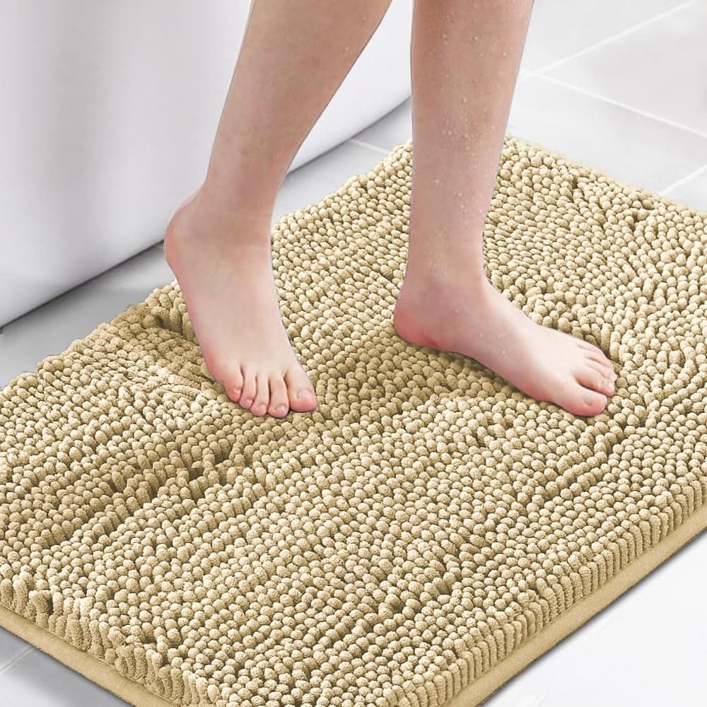 HVERSAILTEX Bath Mat for Bathroom Non Slip Luxury Chenille Ultra Soft Bath Rugs 24x36 Absorbent Non Skid Shaggy Rugs Washable Dry Fast Plush Area Carpet Mats for Indoor Bath Room Tub Beige