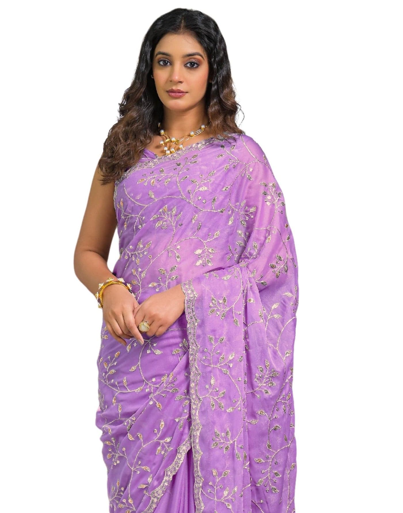 SIRIL Women's Sequins Embroidery, Scalloped Border Saree With Unstitched Blouse Piece(4979S241_Lavender)