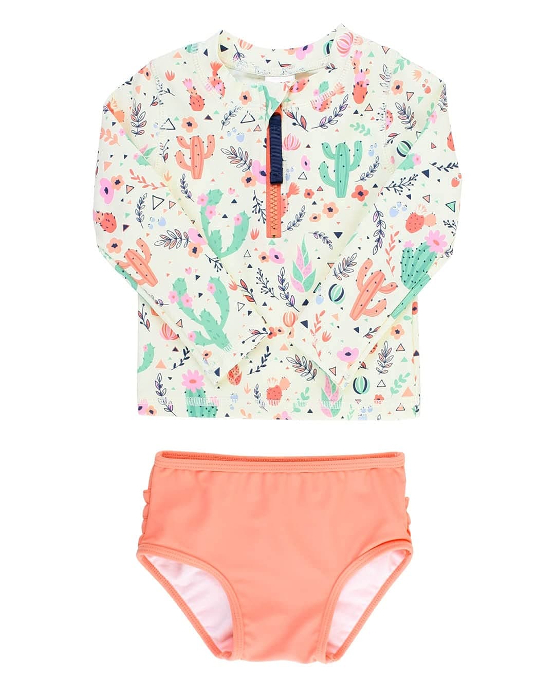 RuffleButts® Girls Desert Blossoms Long Sleeve Zipper Rash Guard Bikini - 3T