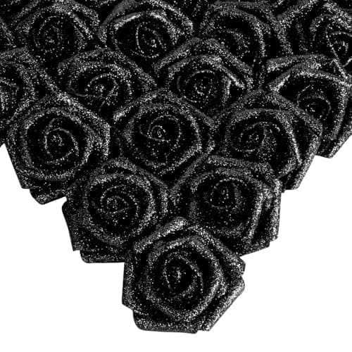 IPOPU Black Glitter Roses, 25pcs Foam Glitter Roses Glitter Flowers Foam Rose with Stem for DIY Wedding Bridal Bouquet Home Party Decoration(Black)