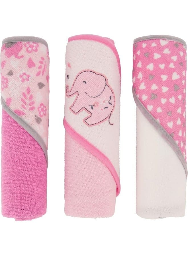 Cudlie Buttons & Stitches Baby Girl 3 Pack Rolled/Carded Hooded Towels in Blooming Elephant Print