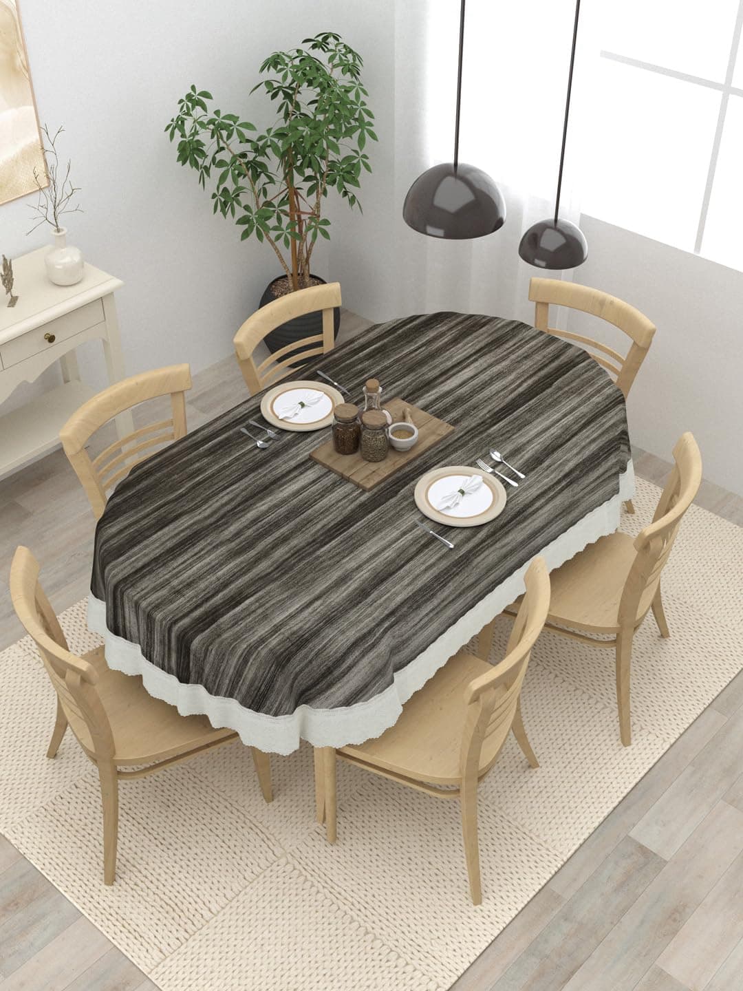 Clasiko 6 Seater Oval Dining Table Cover 60x90 Inches or 152x228 Cms Material PVC Anti Slip Black Grey Stripes