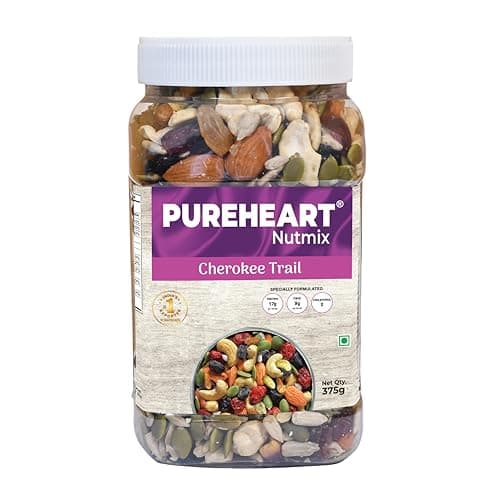 Pureheart Cherokee Premium Trail Mix, 375 gm | An Eclectic Mix of 8 Healthy Superfoods Nuts- Cashews, Almonds, Pistachio | Dry Fruits Cranberries, Raisins | Seeds - Pumpkin, Sunflower - Reusable Jar