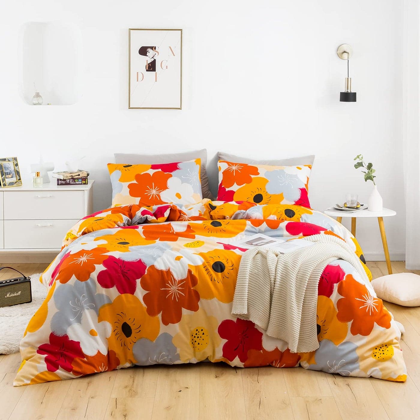SUSYBAO Orange Flower Duvet Cover King 100 Cotton Burnt Orange Floral Duvet Cover Set 3 Piece 1 Colorful Botanical Duvet Cover with Zipper Ties 2 Pillowcases Luxury Soft Orange Bedding Set Breathable