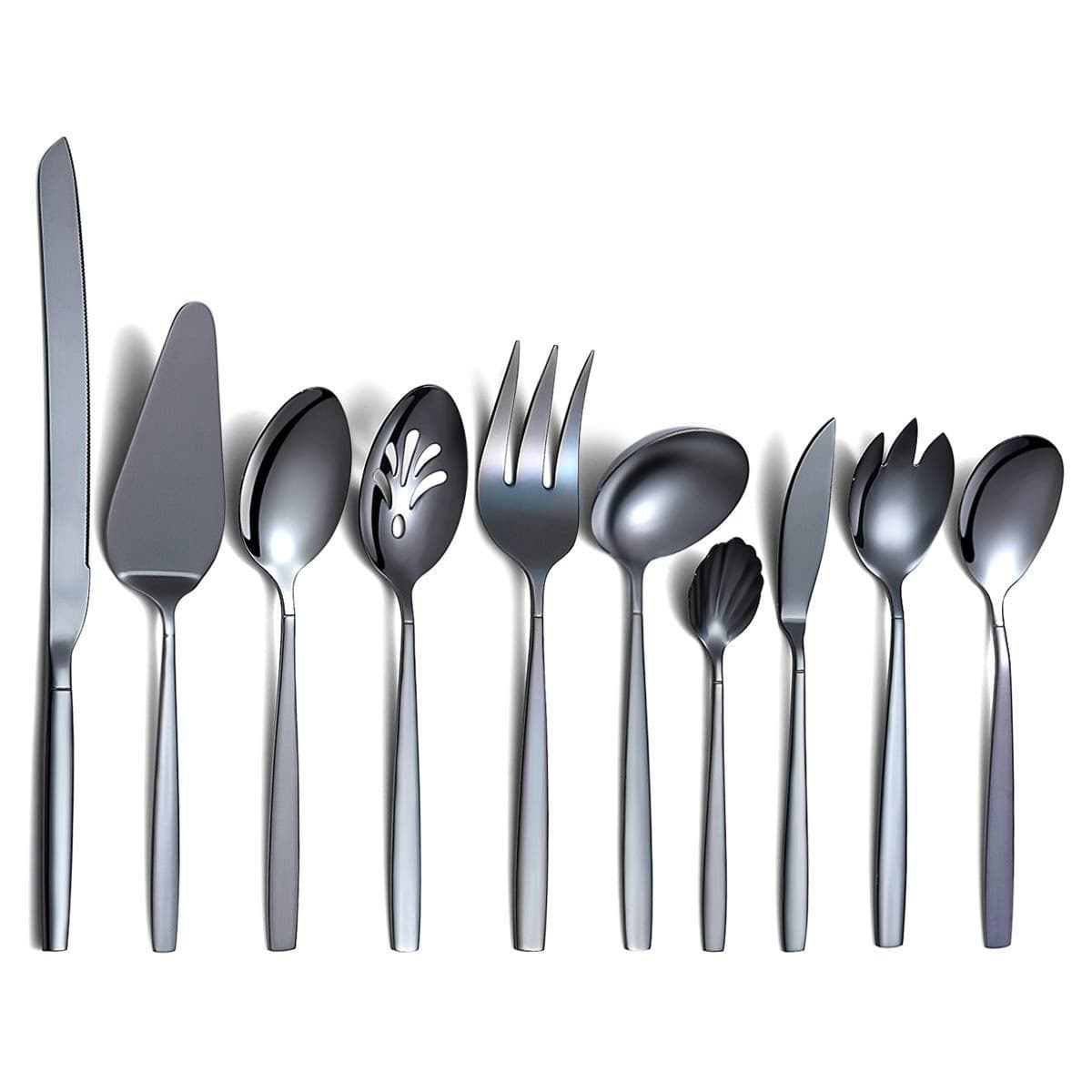 Berglander Black Serving Utensils 10 Pieces Titanium Plating Serving Spoons Included Cake Knife Cake Server Serving Forks Sugar Spoon Salad Spoon Forks Butter Knife Gravy Ladle ect