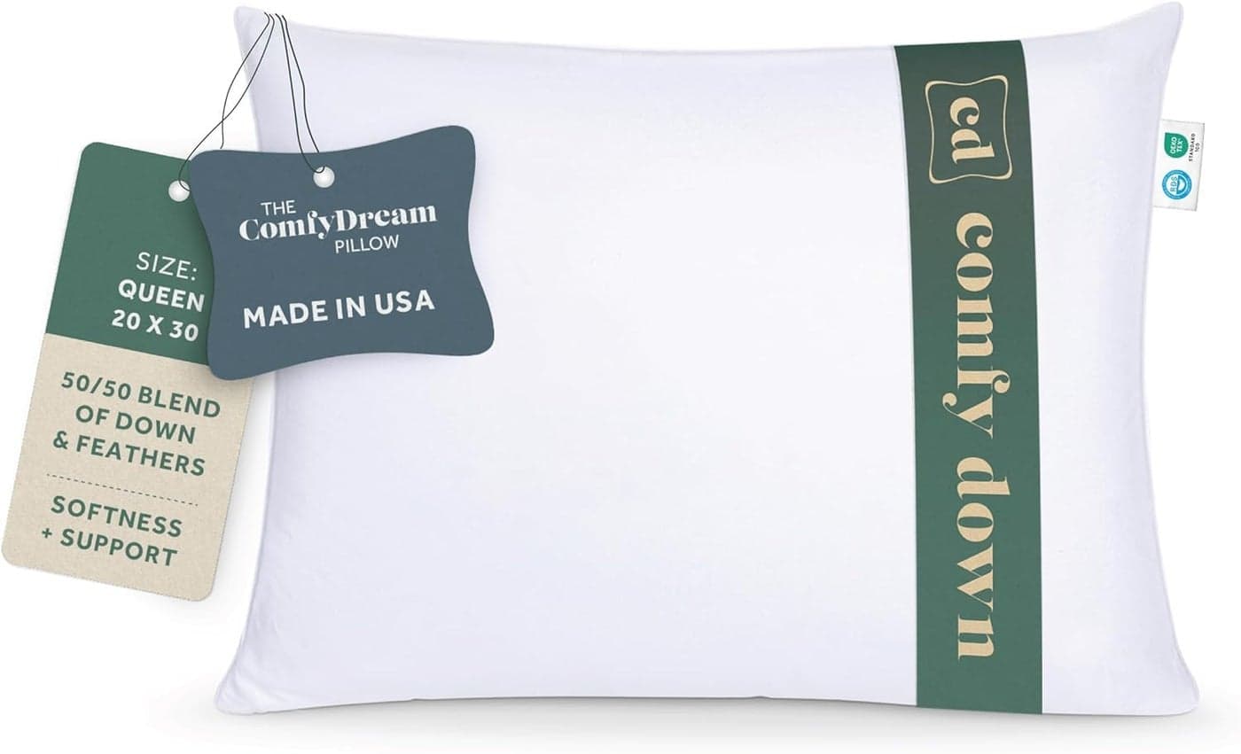 ComfyDown 5050 Down Feather Blend ComfyDream Bed Pillow for Sleeping Egyptian Cotton Cover Made in USA Queen Size Queen