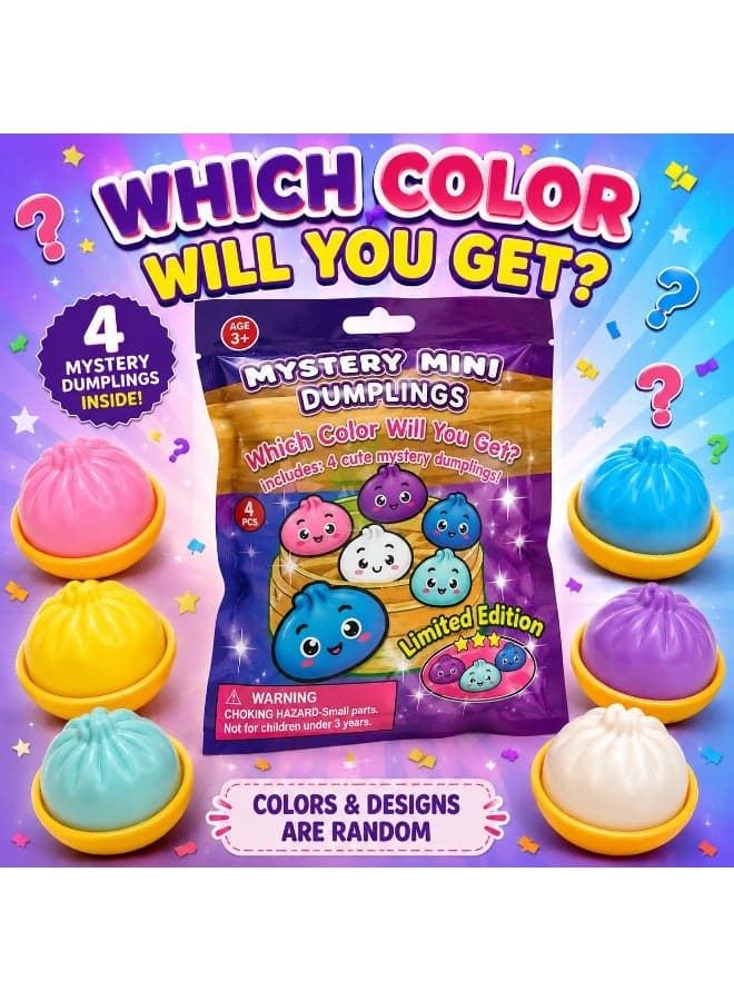 Mystery Dumpling Squishy Toys – 4 Pcs Surprise Blind Bag, Random Colors & Cute Designs, Soft Squeeze Sensory Fidget Stress Relief Toys for Kids, Ages 3+