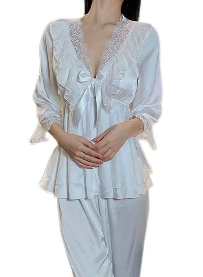 Elegant White Pajama Set: Satin And Lace For Ultimate Comfort