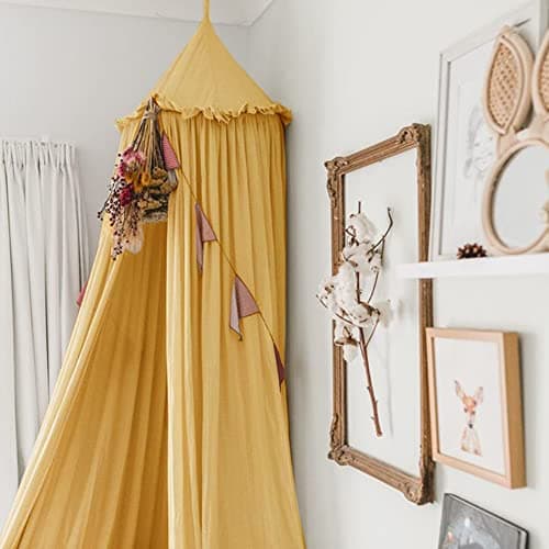 IBIZA VIBE MAMERIA Kids Bed Canopy with Frills Cotton Cover Net for Baby Crib Reading Nook Curtain Hideaway Hanging Round Tent Nursery Bedding Play Room Decor (02CNP0002-YL)
