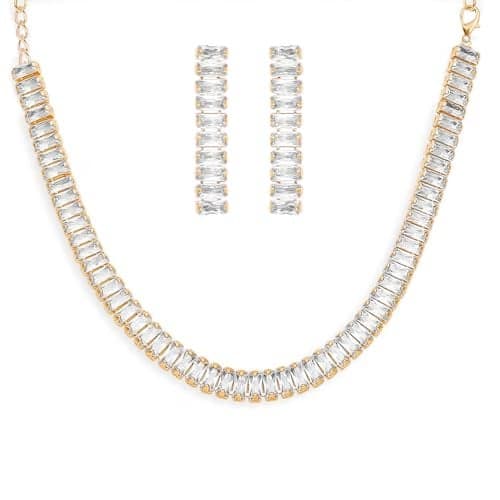 Peora Gold Plated Baguette Stone Studded Necklace & Drop Earrings Stylish Jewelllery Set for Women & Girl