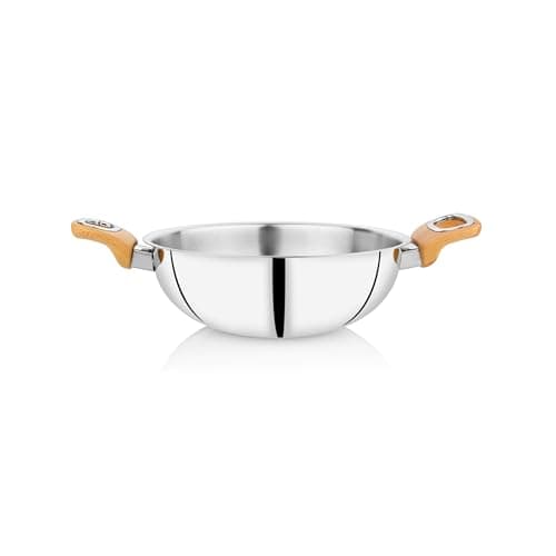 Embassy Stainless Steel Premium Thickply Kadhai, Wooden-Finish Handle (1800 ml, Size 12)
