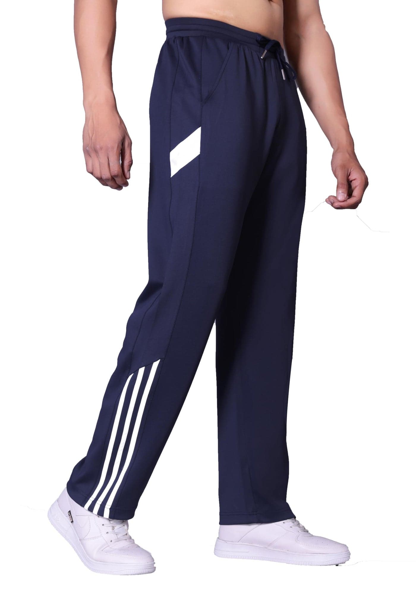 Flapfit Men's Striped Pattern Spandex Track Pant with Full Length Drawstring Closure Type and Loose Fit Jogger Style Navy Blue