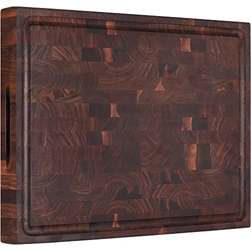 AZRHOM Large End Grain Walnut Wood Cutting Board 17x13x1.5 in Thick Butcher Block for Kitchen with Non-slip Mats Juice Groove & Handles (Gift Box)