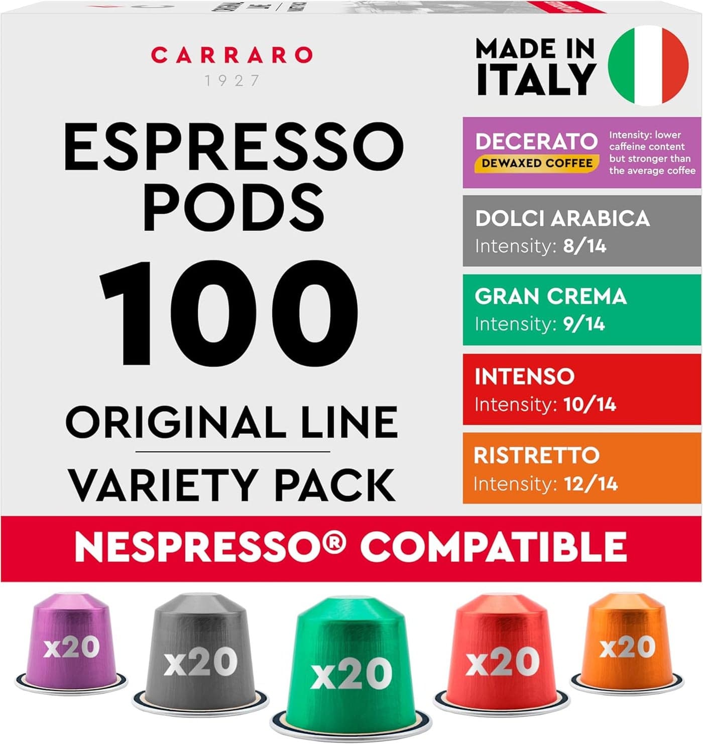 CARRARO 1927 Variety Pack Coffee Capsules - 100 Aluminum Pods Compatible with Nespresso Original Line