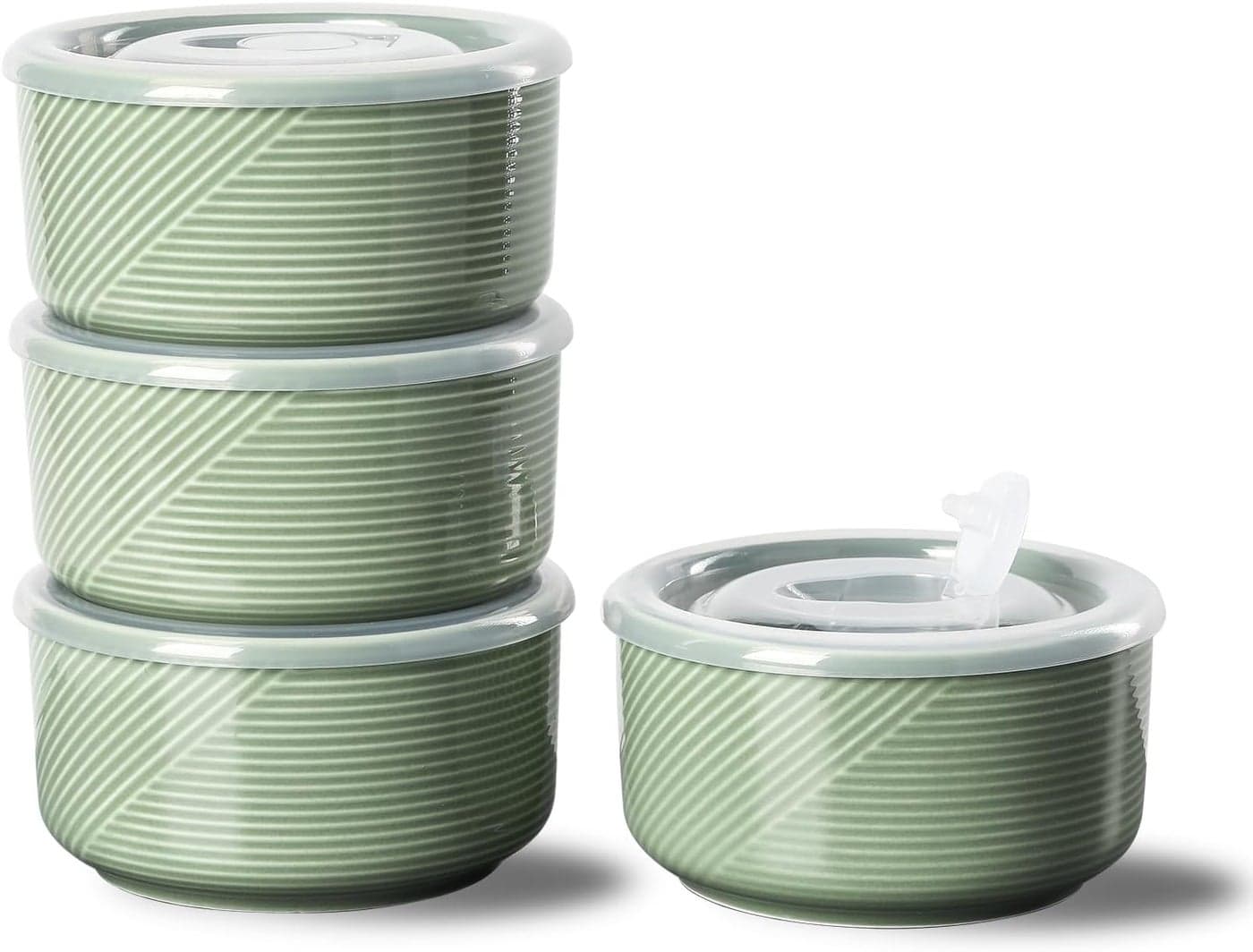 Ceramic Bowls with Lids 20 oz Microwave Safe Food Storage Containers for Soup Salad Cereal Leftovers Meal Prep Lunch Picnic Camping Serving Airtight Green Set of 4