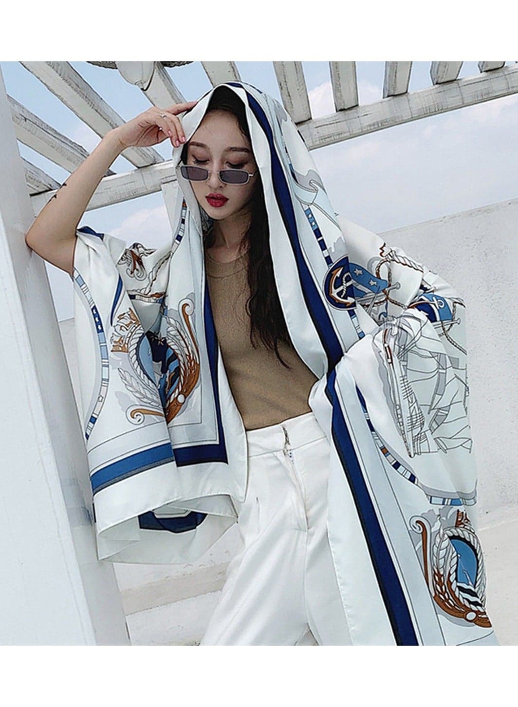 Lady's Scarf Silk Scarf Women's Blue Square Scarf Decorative Sun Protection Scarf Function Silk Thin Scarf