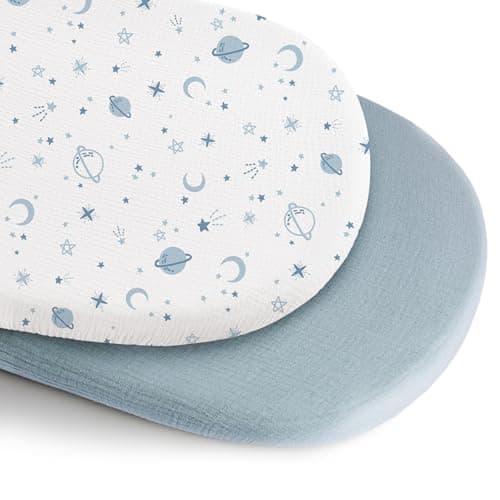 Konssy 2 Pack Muslin Bassinet Sheets for Boys, Girls, 100% Cotton Soft Breathable Fitted Bassinet Mattress Sheet, 32 x 16 inches (Star,Blue)
