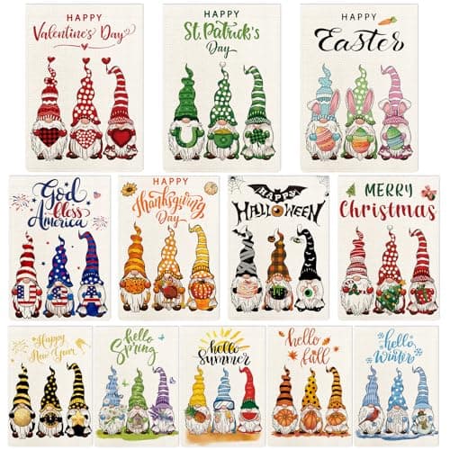 YOVOYOA Gnomes Seasonal Garden Flags Set of 12, All Seasons and Holidays, Burlap, 12x18 inch, Double Sided, Fade Resistant, Outdoor Decor