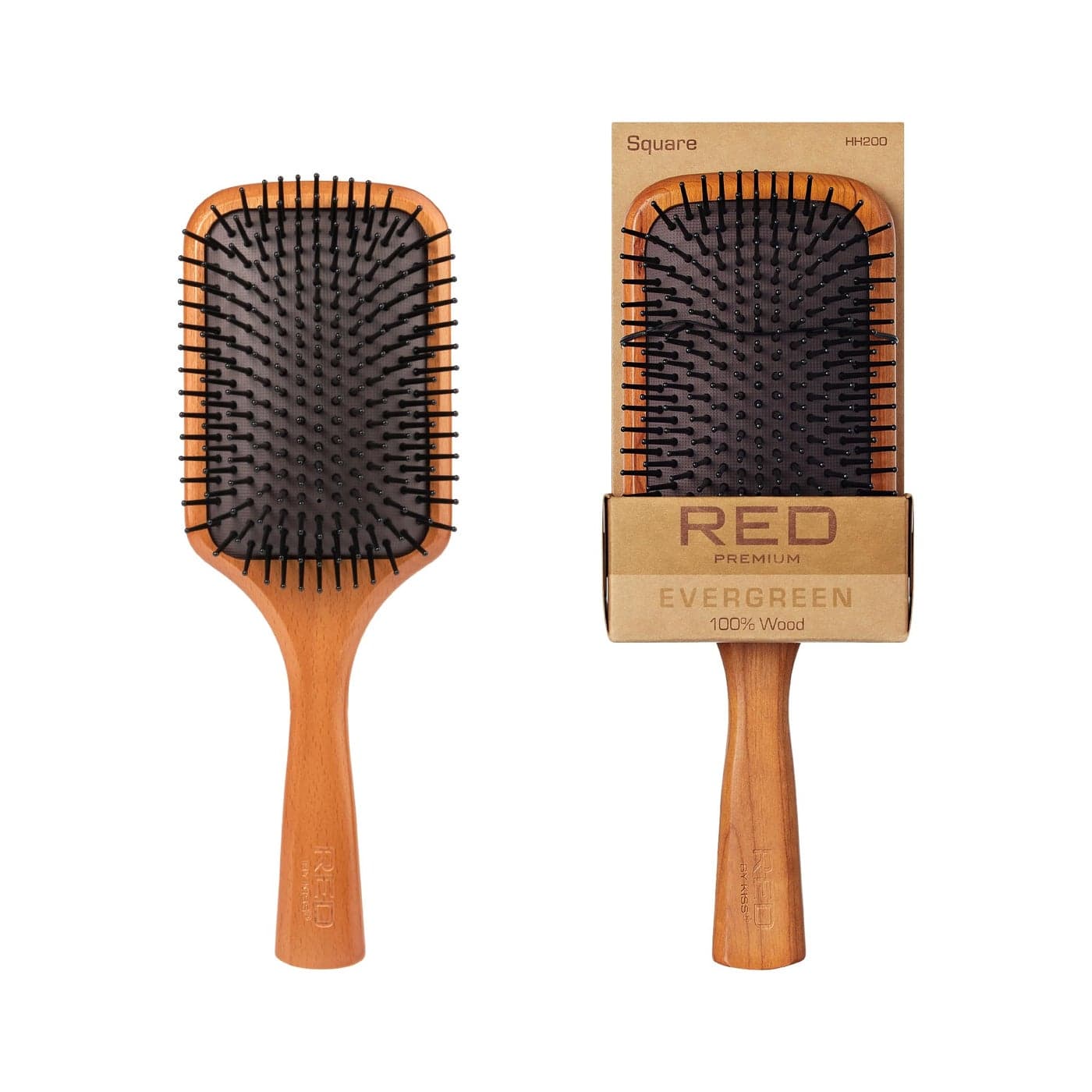 Red by Kiss Evergreen Wooden Square Paddle Hair Brush 100 Beechwood Long Bristles Detangling For All Hair Types Sustainable Painless Detangling Air Ventilation Hole Wet Dry Hair Unisex