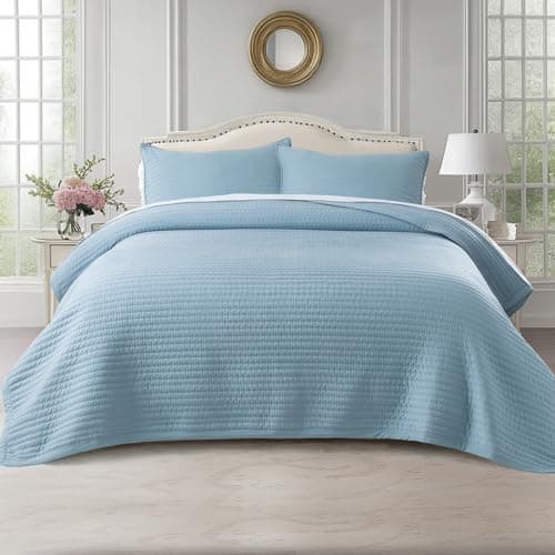 Kasentex KWX1804-BL Quilt Mini Set-Stone Washed-Super Soft Bedspread-Light Weight-White Down Alternative Microfiber Fill-Machine Washable-Solid Colors, Full/Queen + 2 Shams, Blue