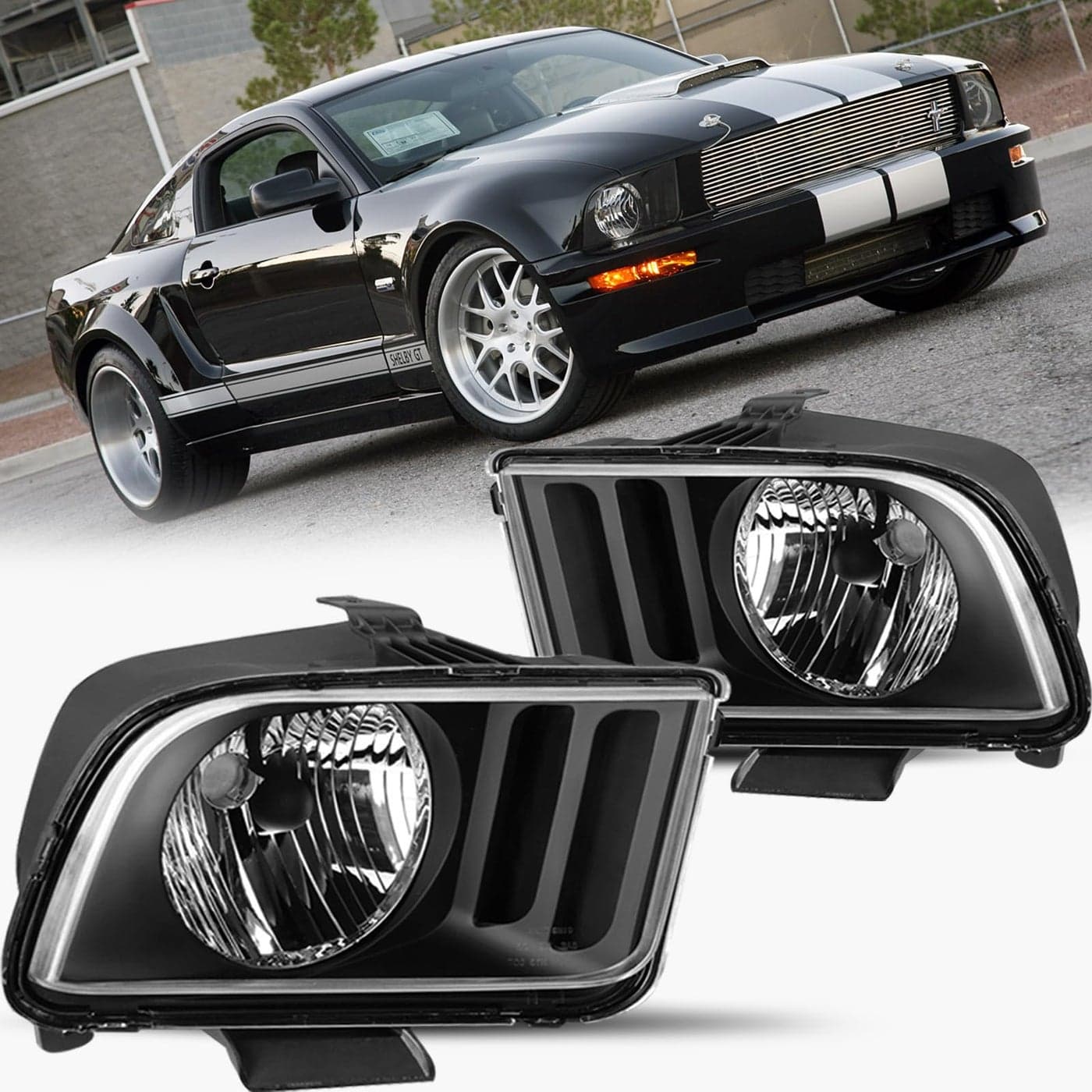 BRYGHT Headlight Assembly Fit for 2005 to 2009 Ford Mustang Left and Right SideBlack Housing Black Reflector