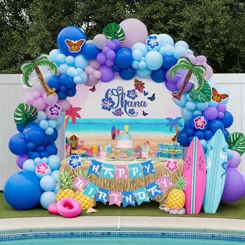 Blue pink purple Balloon Hawaii Garland Kit with Ohana theme backdrop and birthday banner plam tree mylar balloons for Summer aloha cartoon birthday party gender reveal Baby shower decorations