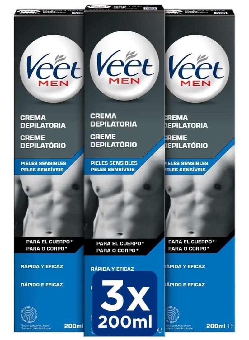 Men Hair Removal Cream for Back, Arms and Legs, Sensitive Skin, 3 x 200ml